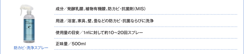 防カビ・洗浄スプレー：成分／発酵乳酸、植物有機酸、防カビ・抗菌剤（MIS）。用途／浴室・家具、壁、畳などの防カビ・抗菌ならびに洗浄。使用量の目安／1㎡に対して約10～20回スプレー。正味量／500ml。