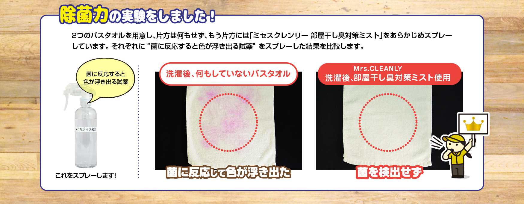 除菌力の実験をしました！　2つのバスタオルを用意し、片方は何もせず、もう片方には「ミセスクレンリー 部屋干し臭対策ミスト」をあらかじめスプレーしています。それぞれに“菌に反応すると色が浮き出る試薬”をスプレーした結果を比較します。洗濯後、何もしていないバスタオル……菌に反応して色が浮き出た。Mrs. CLEANLY 洗濯後、部屋干し臭対策ミスト使用……菌を検出せず