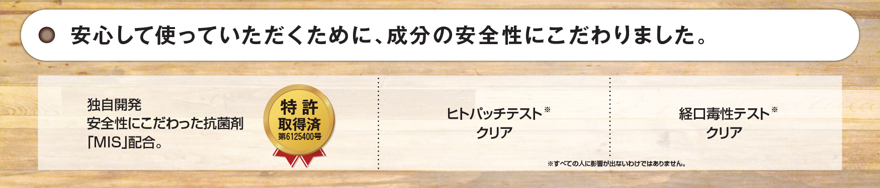 特許取得済：第6125400号。独自開発　安全性にこだわった抗菌剤「MIS」配合。ヒトパッチテストクリア（※）。経口毒性テストクリア（※）。すべての人に影響が出ないわけではありません。