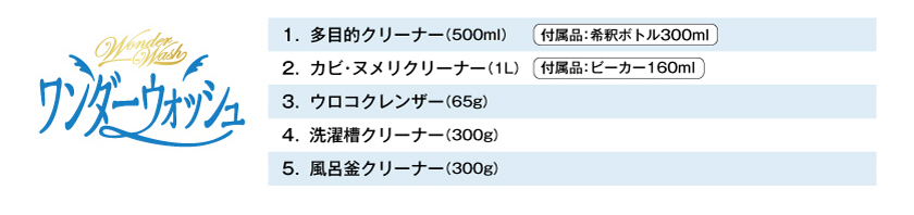 メーカー希望小売価格 5点セット １．多目的クリーナー （500ml / 付属品：希釈ボトル300ml）　２．カビ・ヌメリクリーナー （1L / 付属品：ビーカー160ml） ３．ウロコクレンザー （65g）　４．洗濯槽クリーナー （300g）　５．風呂釜クリーナー （300g）